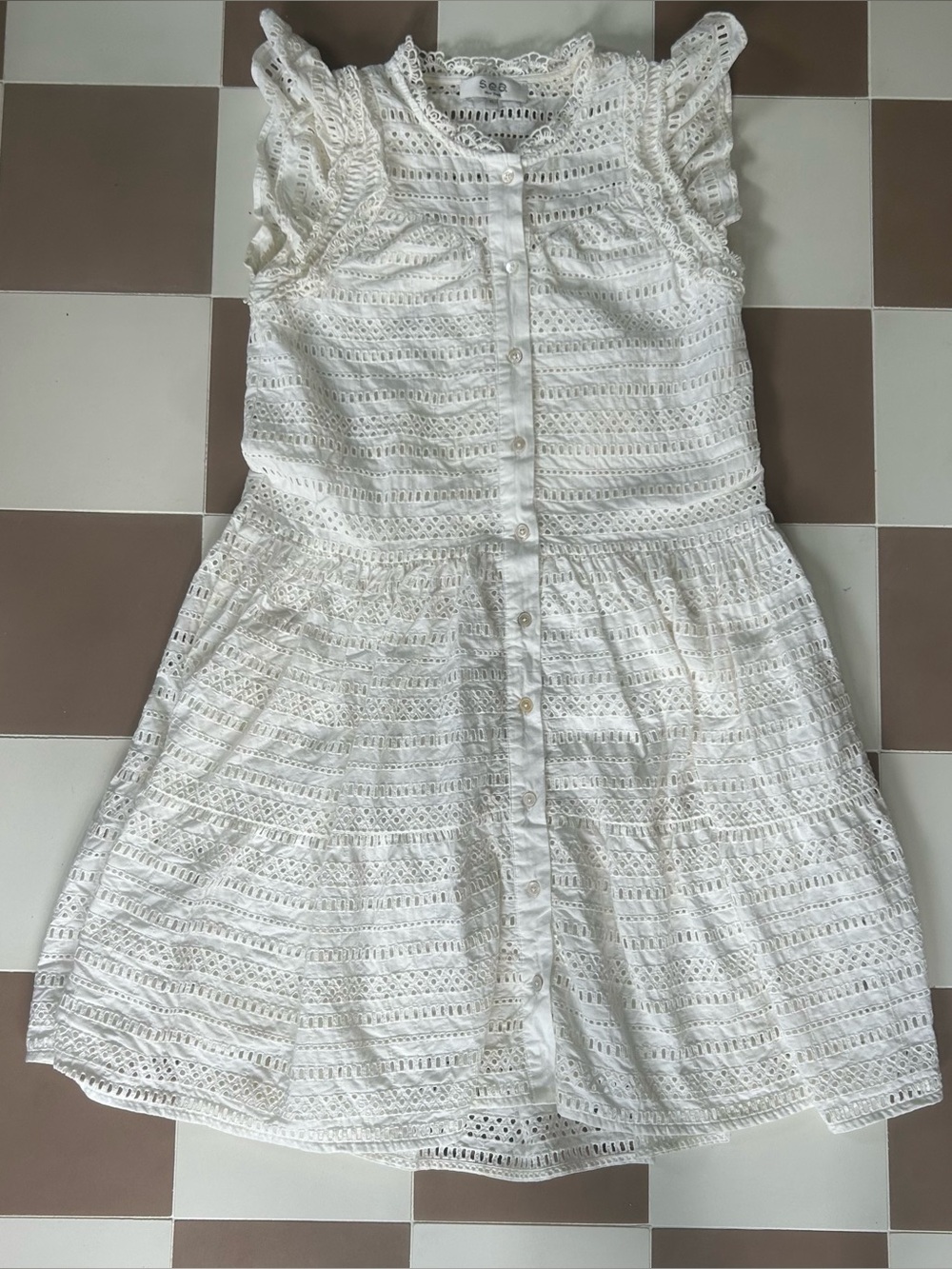 Sea New York White Eyelet Lace Ruffle Cotton Dress XS